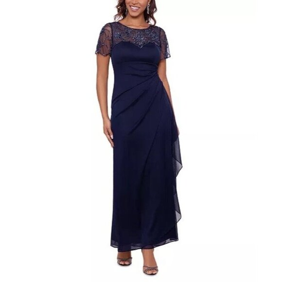 Xscape Womens Size 4 Navy Blue Ruched Embellished Formal Evening Dress Gown - Picture 1 of 12